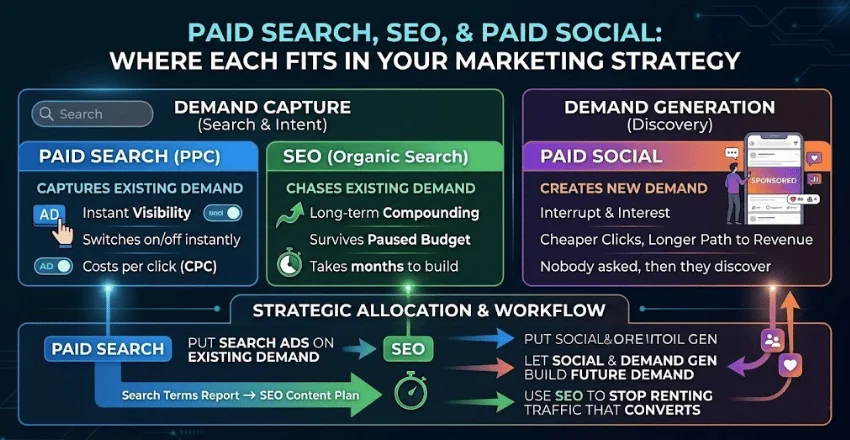 Where paid search marketing fits against SEO and paid social